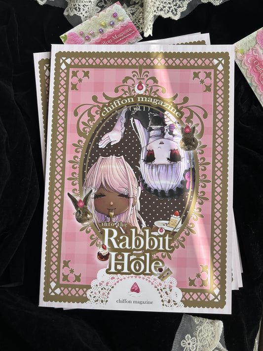Cover of 'Into the Rabbit Hole 🐇 Chiffon Magazine Vol.1' featuring illustrations of anime-style characters with a pink theme.